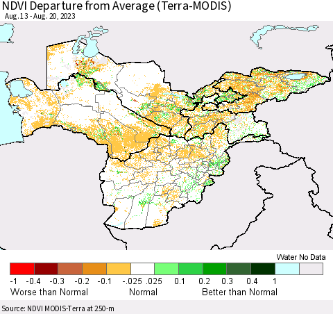 Central Asia NDVI Departure from Average (Terra-MODIS) Thematic Map For 8/13/2023 - 8/20/2023