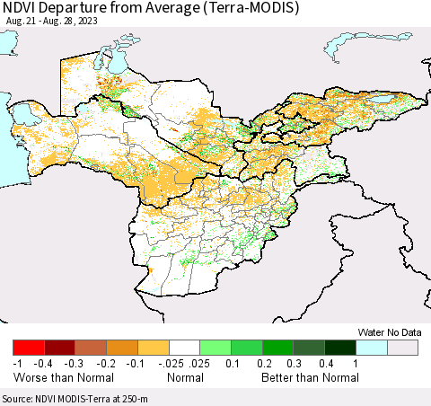 Central Asia NDVI Departure from Average (Terra-MODIS) Thematic Map For 8/21/2023 - 8/28/2023