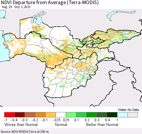 Central Asia NDVI Departure from Average (Terra-MODIS) Thematic Map For 8/29/2023 - 9/5/2023