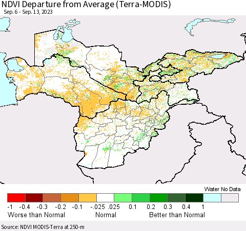 Central Asia NDVI Departure from Average (Terra-MODIS) Thematic Map For 9/6/2023 - 9/13/2023