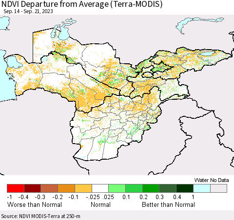 Central Asia NDVI Departure from Average (Terra-MODIS) Thematic Map For 9/14/2023 - 9/21/2023