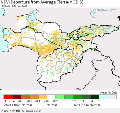 Central Asia NDVI Departure from Average (Terra-MODIS) Thematic Map For 9/22/2023 - 9/29/2023