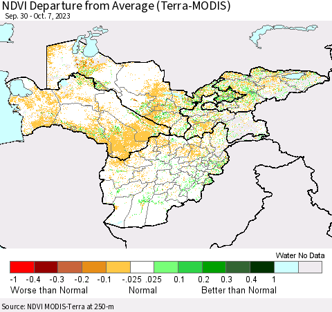 Central Asia NDVI Departure from Average (Terra-MODIS) Thematic Map For 9/30/2023 - 10/7/2023
