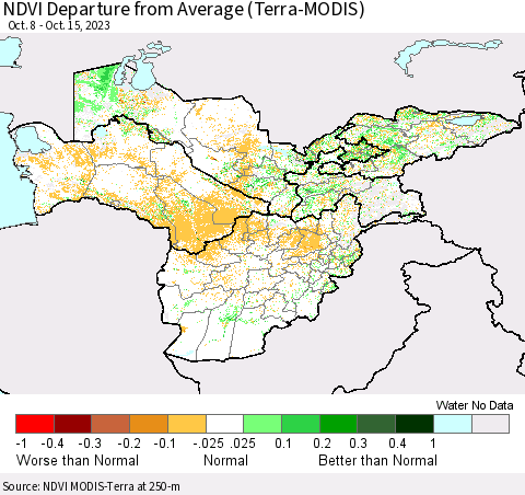 Central Asia NDVI Departure from Average (Terra-MODIS) Thematic Map For 10/8/2023 - 10/15/2023