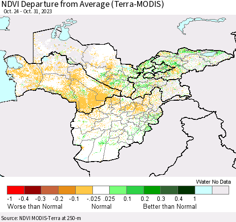 Central Asia NDVI Departure from Average (Terra-MODIS) Thematic Map For 10/24/2023 - 10/31/2023