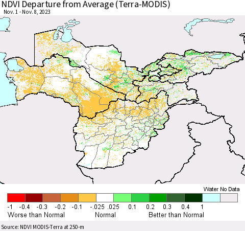 Central Asia NDVI Departure from Average (Terra-MODIS) Thematic Map For 11/1/2023 - 11/8/2023