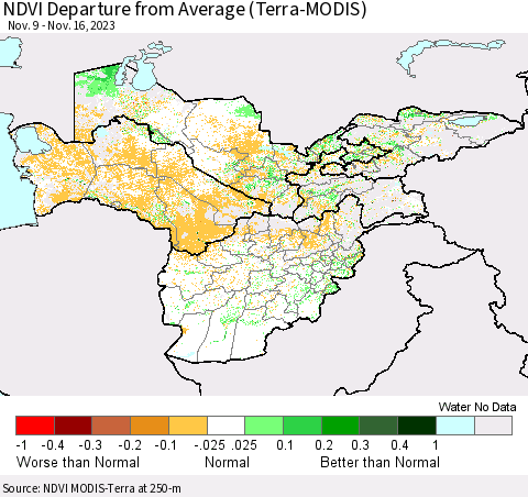 Central Asia NDVI Departure from Average (Terra-MODIS) Thematic Map For 11/9/2023 - 11/16/2023