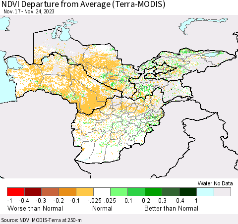 Central Asia NDVI Departure from Average (Terra-MODIS) Thematic Map For 11/17/2023 - 11/24/2023
