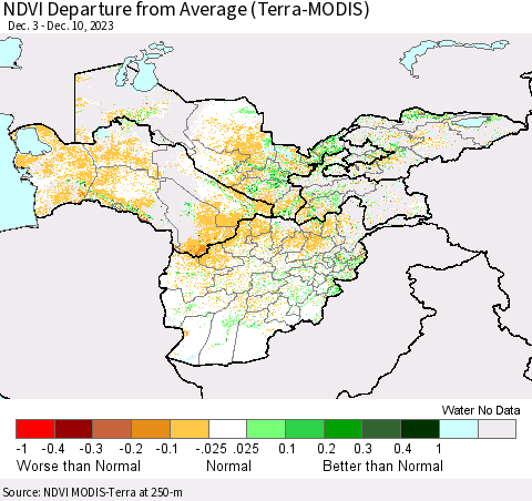 Central Asia NDVI Departure from Average (Terra-MODIS) Thematic Map For 12/3/2023 - 12/10/2023