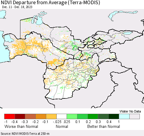 Central Asia NDVI Departure from Average (Terra-MODIS) Thematic Map For 12/11/2023 - 12/18/2023