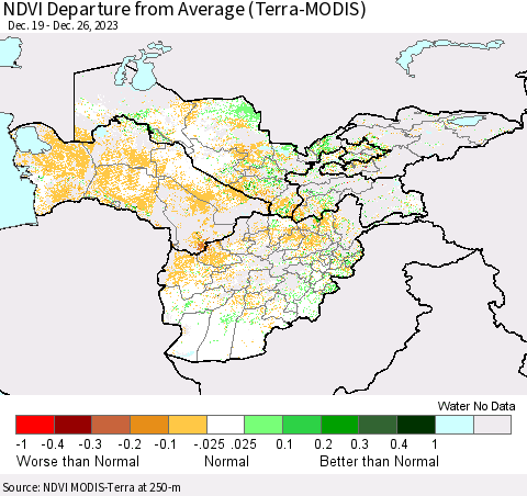 Central Asia NDVI Departure from Average (Terra-MODIS) Thematic Map For 12/19/2023 - 12/26/2023