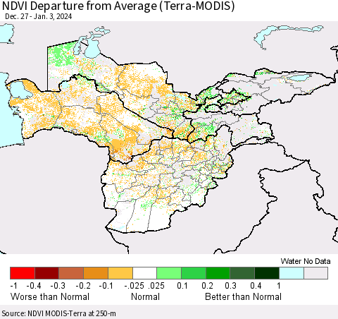 Central Asia NDVI Departure from Average (Terra-MODIS) Thematic Map For 12/27/2023 - 1/3/2024