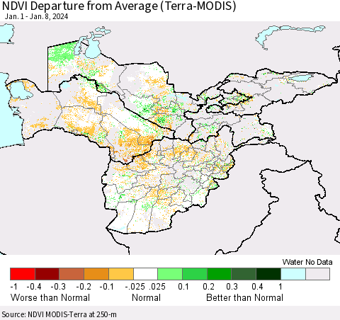 Central Asia NDVI Departure from Average (Terra-MODIS) Thematic Map For 1/1/2024 - 1/8/2024