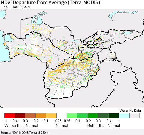 Central Asia NDVI Departure from Average (Terra-MODIS) Thematic Map For 1/9/2024 - 1/16/2024