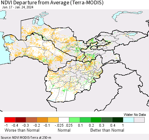 Central Asia NDVI Departure from Average (Terra-MODIS) Thematic Map For 1/17/2024 - 1/24/2024