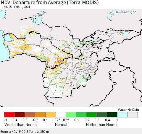Central Asia NDVI Departure from Average (Terra-MODIS) Thematic Map For 1/25/2024 - 2/1/2024