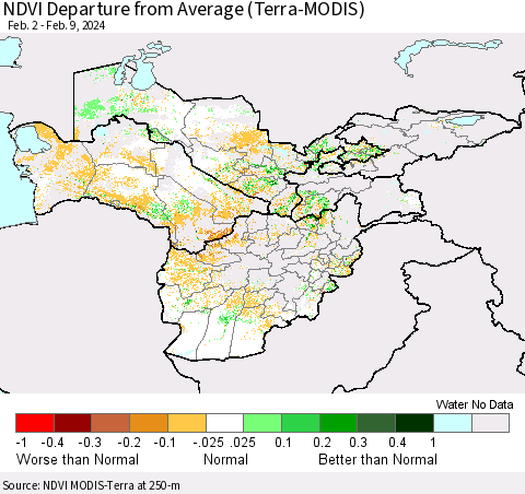 Central Asia NDVI Departure from Average (Terra-MODIS) Thematic Map For 2/2/2024 - 2/9/2024
