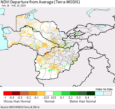 Central Asia NDVI Departure from Average (Terra-MODIS) Thematic Map For 2/18/2024 - 2/25/2024