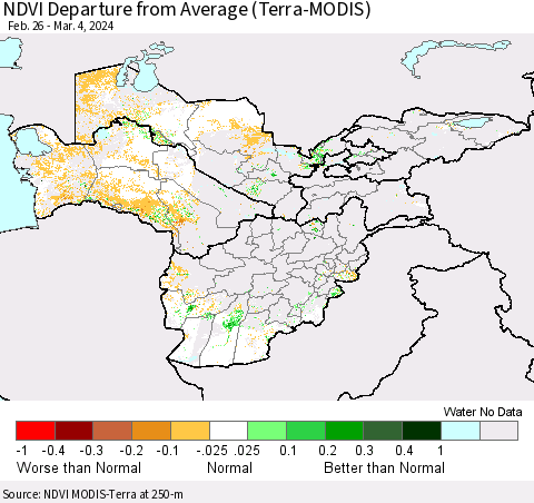 Central Asia NDVI Departure from Average (Terra-MODIS) Thematic Map For 2/26/2024 - 3/4/2024