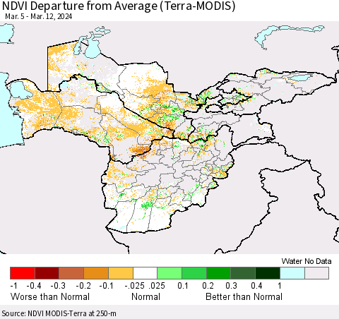 Central Asia NDVI Departure from Average (Terra-MODIS) Thematic Map For 3/5/2024 - 3/12/2024