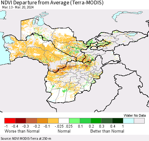 Central Asia NDVI Departure from Average (Terra-MODIS) Thematic Map For 3/13/2024 - 3/20/2024