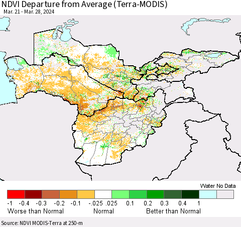 Central Asia NDVI Departure from Average (Terra-MODIS) Thematic Map For 3/21/2024 - 3/28/2024