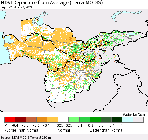 Central Asia NDVI Departure from Average (Terra-MODIS) Thematic Map For 4/22/2024 - 4/29/2024