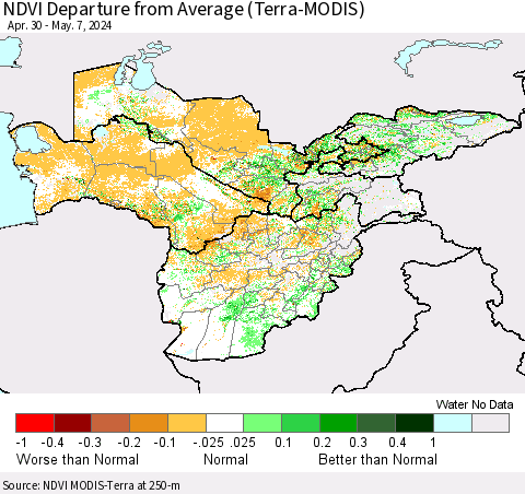 Central Asia NDVI Departure from Average (Terra-MODIS) Thematic Map For 4/30/2024 - 5/7/2024