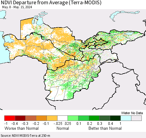 Central Asia NDVI Departure from Average (Terra-MODIS) Thematic Map For 5/8/2024 - 5/15/2024