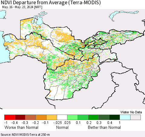Central Asia NDVI Departure from Average (Terra-MODIS) Thematic Map For 5/16/2024 - 5/23/2024