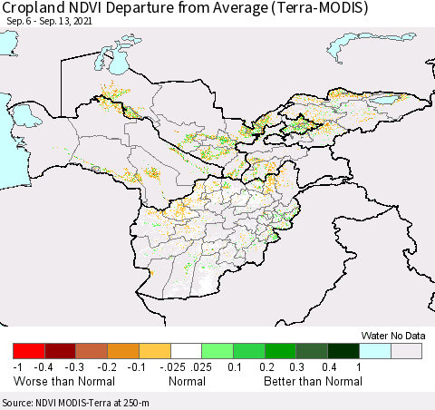 Central Asia Cropland NDVI Departure from Average (Terra-MODIS) Thematic Map For 9/6/2021 - 9/13/2021