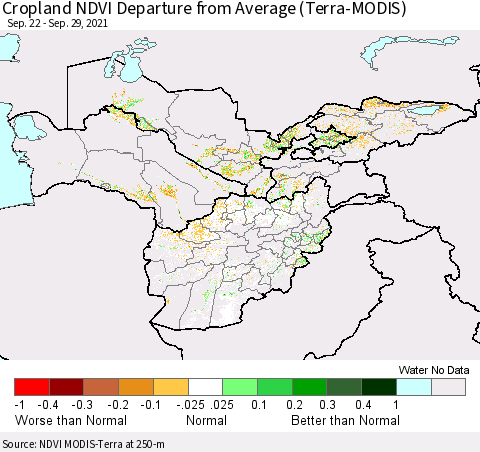 Central Asia Cropland NDVI Departure from Average (Terra-MODIS) Thematic Map For 9/22/2021 - 9/29/2021