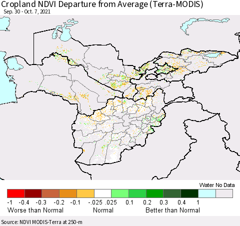 Central Asia Cropland NDVI Departure from Average (Terra-MODIS) Thematic Map For 9/30/2021 - 10/7/2021