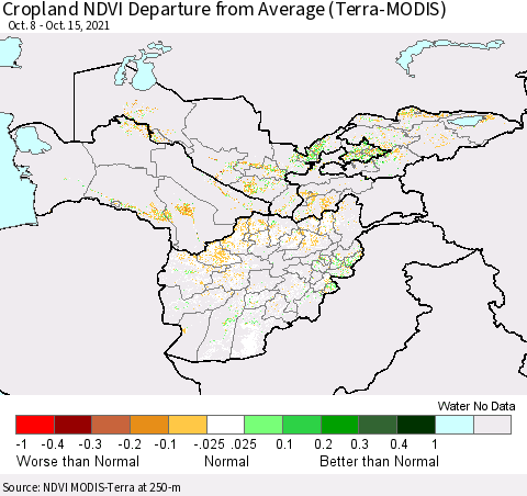 Central Asia Cropland NDVI Departure from Average (Terra-MODIS) Thematic Map For 10/8/2021 - 10/15/2021