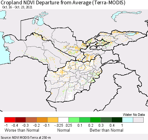Central Asia Cropland NDVI Departure from Average (Terra-MODIS) Thematic Map For 10/16/2021 - 10/23/2021