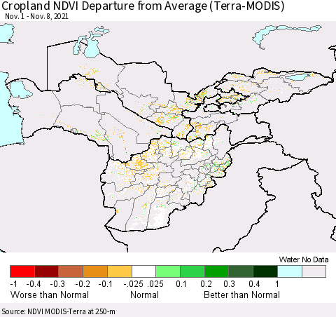 Central Asia Cropland NDVI Departure from Average (Terra-MODIS) Thematic Map For 11/1/2021 - 11/8/2021