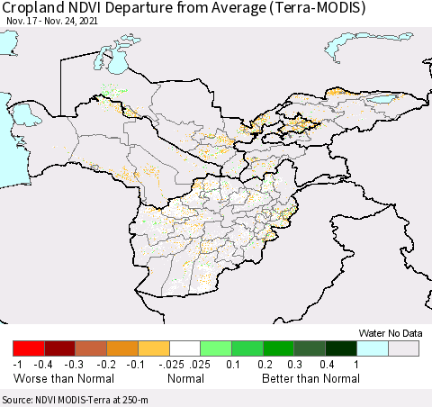 Central Asia Cropland NDVI Departure from Average (Terra-MODIS) Thematic Map For 11/17/2021 - 11/24/2021