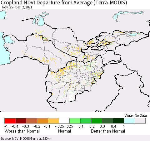 Central Asia Cropland NDVI Departure from Average (Terra-MODIS) Thematic Map For 11/25/2021 - 12/2/2021