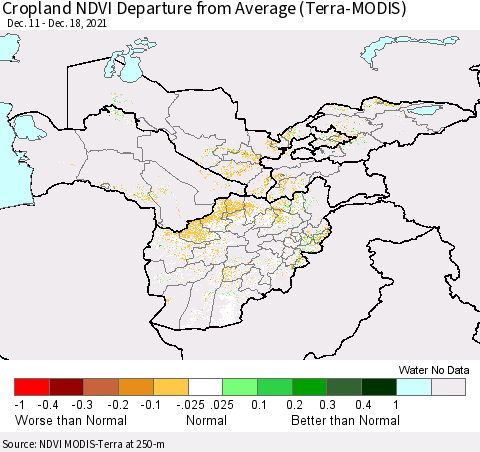 Central Asia Cropland NDVI Departure from Average (Terra-MODIS) Thematic Map For 12/11/2021 - 12/18/2021
