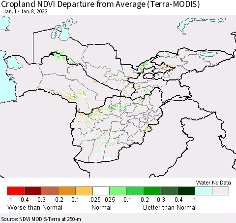 Central Asia Cropland NDVI Departure from Average (Terra-MODIS) Thematic Map For 1/1/2022 - 1/8/2022