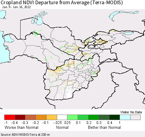 Central Asia Cropland NDVI Departure from Average (Terra-MODIS) Thematic Map For 1/9/2022 - 1/16/2022