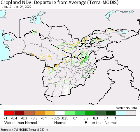 Central Asia Cropland NDVI Departure from Average (Terra-MODIS) Thematic Map For 1/17/2022 - 1/24/2022