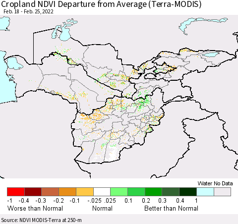 Central Asia Cropland NDVI Departure from Average (Terra-MODIS) Thematic Map For 2/18/2022 - 2/25/2022