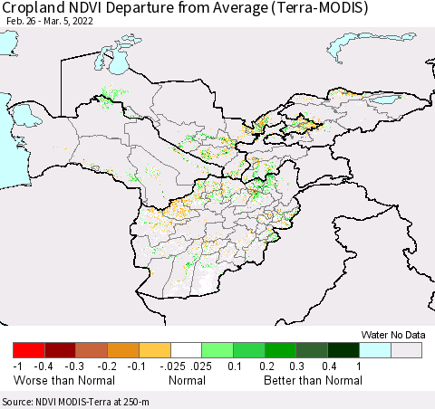 Central Asia Cropland NDVI Departure from Average (Terra-MODIS) Thematic Map For 2/26/2022 - 3/5/2022