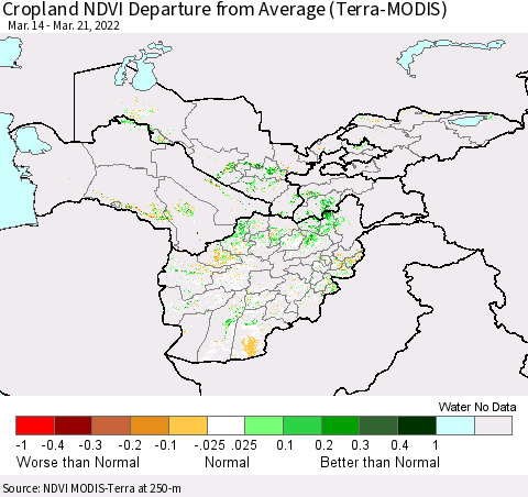 Central Asia Cropland NDVI Departure from Average (Terra-MODIS) Thematic Map For 3/14/2022 - 3/21/2022