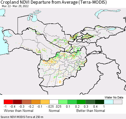 Central Asia Cropland NDVI Departure from Average (Terra-MODIS) Thematic Map For 3/22/2022 - 3/29/2022