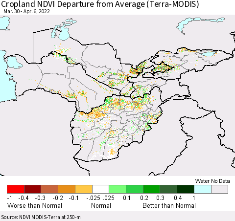 Central Asia Cropland NDVI Departure from Average (Terra-MODIS) Thematic Map For 3/30/2022 - 4/6/2022