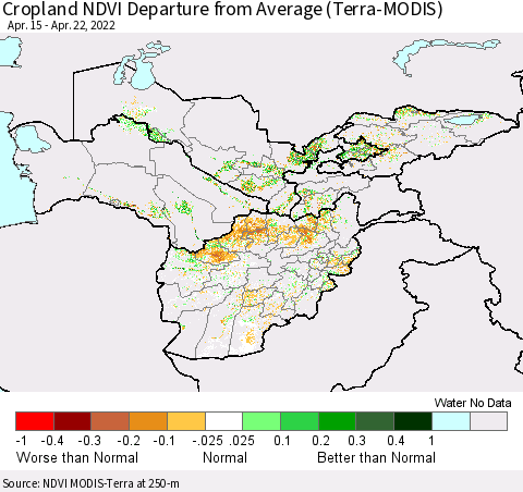 Central Asia Cropland NDVI Departure from Average (Terra-MODIS) Thematic Map For 4/15/2022 - 4/22/2022