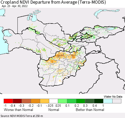 Central Asia Cropland NDVI Departure from Average (Terra-MODIS) Thematic Map For 4/23/2022 - 4/30/2022