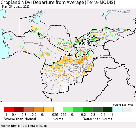 Central Asia Cropland NDVI Departure from Average (Terra-MODIS) Thematic Map For 5/25/2022 - 6/1/2022
